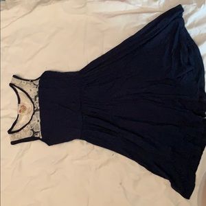 Navy blue dress with white lace neckline
